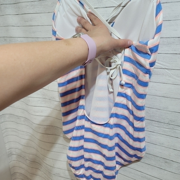 SPLENDID BLUE & NEON ORANGE STRIPED ONE PIECE SWIMSUIT, SZ LARGE, SUPER CUTE! - Picture 4 of 9